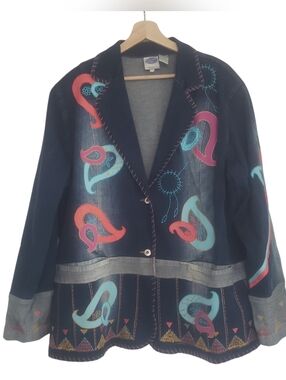 DG2 by Diane Gilman Denim Jacket Embroidered Embellished Y2K Boho Plus Size 2XL